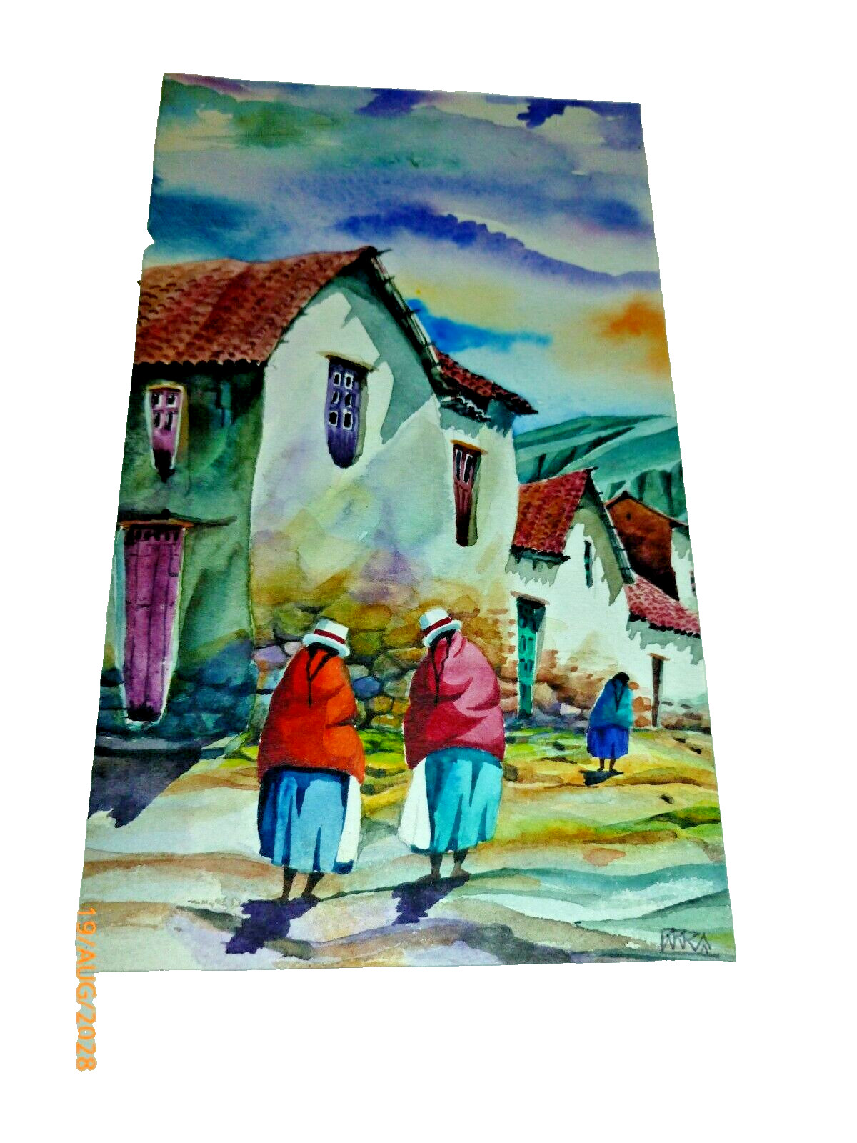 Vintage Peruvian Watercolor Painting Signed Original Andean Street Scene Matted