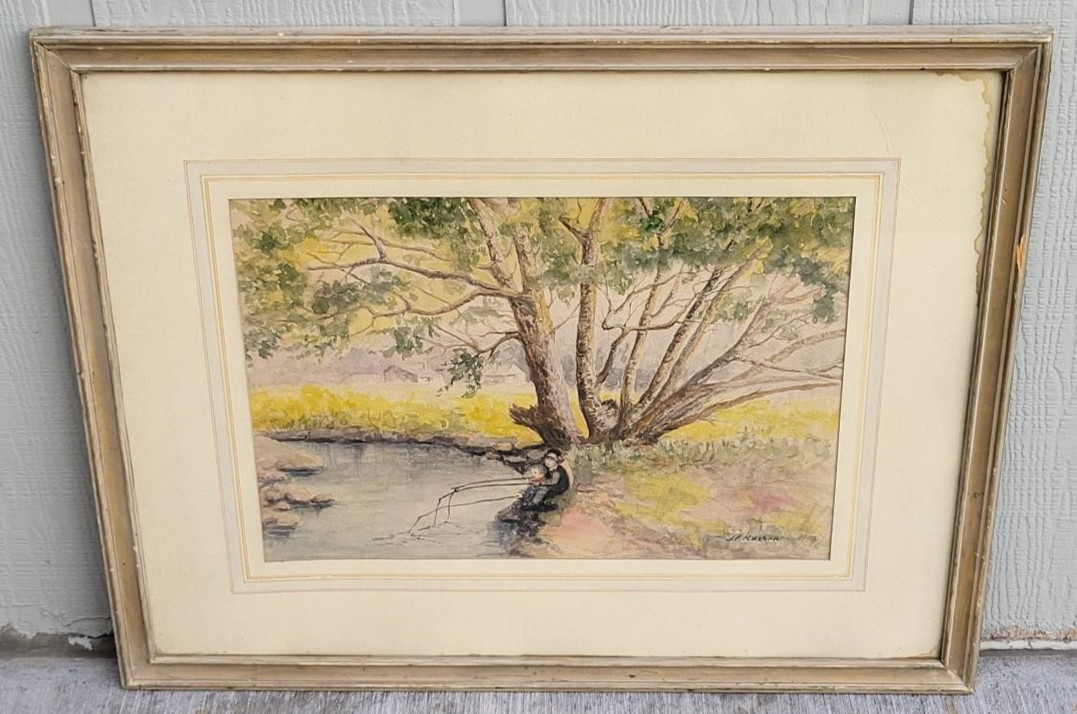 Joseph F. Russon Utah and California Artist Painting of Two Children Fishing
