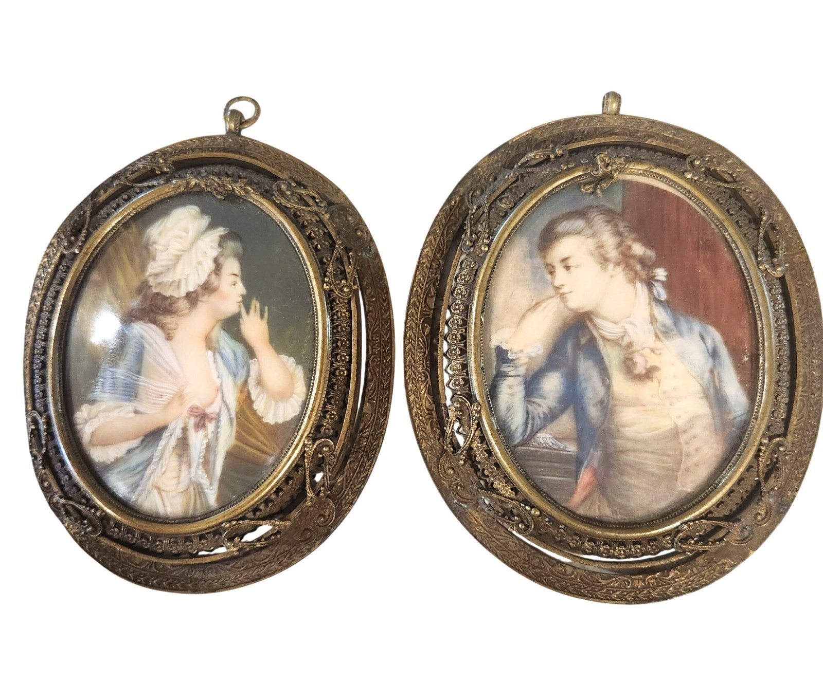 Antique Pair Of Lovers Oval Miniature Portraits Hand Painted and Signed