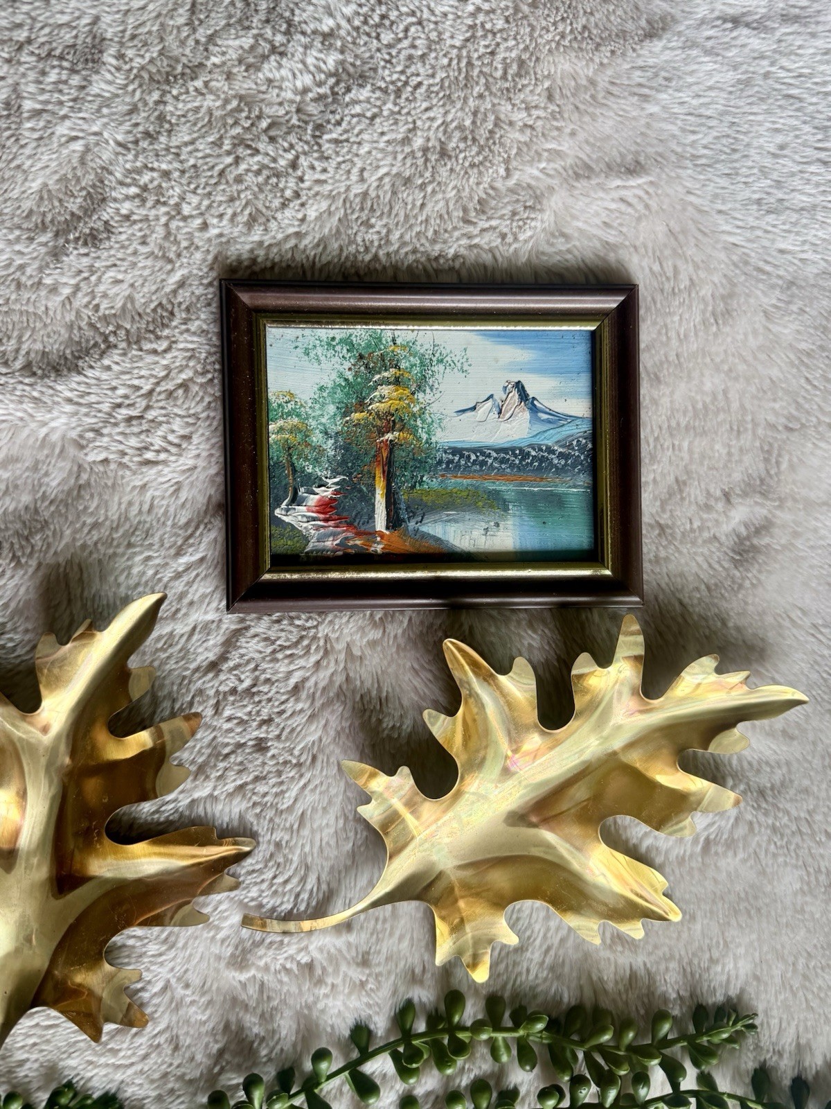 Vintage Miniature Framed Mountain Lake Landscape Oil Painting and Homco Leaves