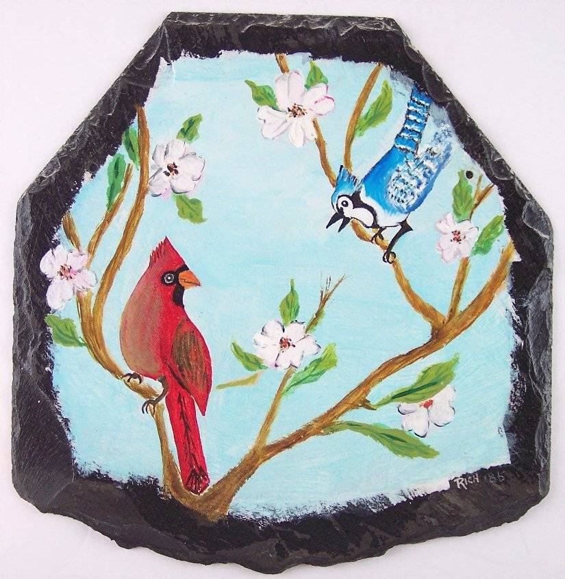Cardinal, Blue Jay & Dogwood Blossoms Hand Painted on Slate, Signed «RICH ’85»