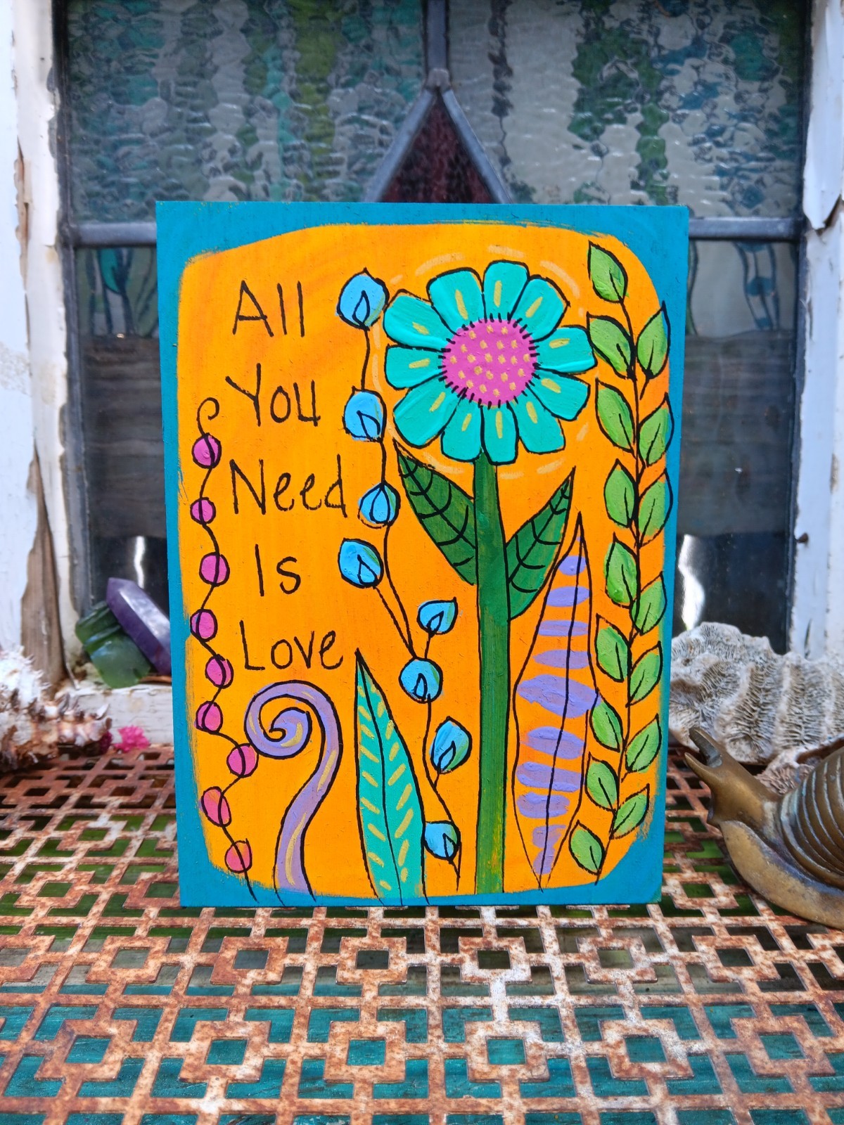 Folk Art Paintings Set of 2 Original Hand Painted Wood Beatles Love Is All Quote