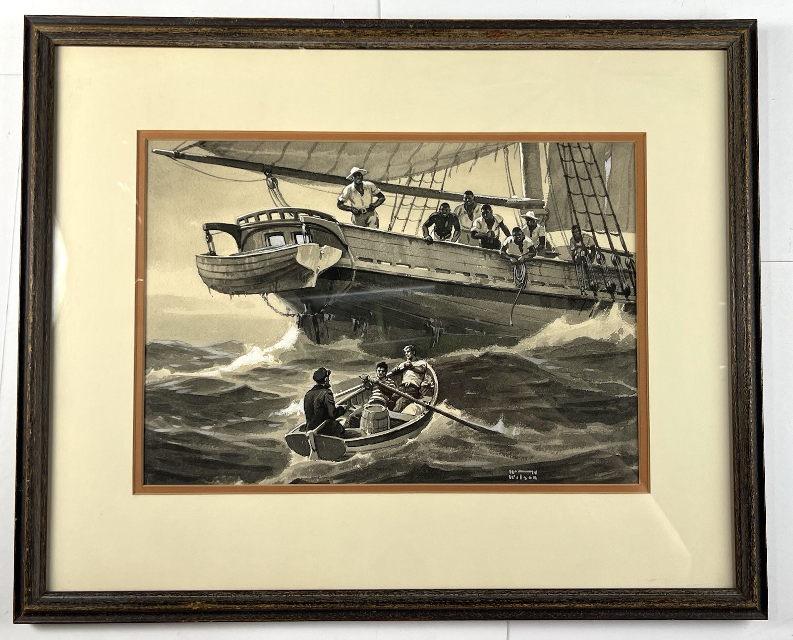 Maritime Watercolor by W N Wilson Sailing Ship and Sailors 18×22” Framed Art