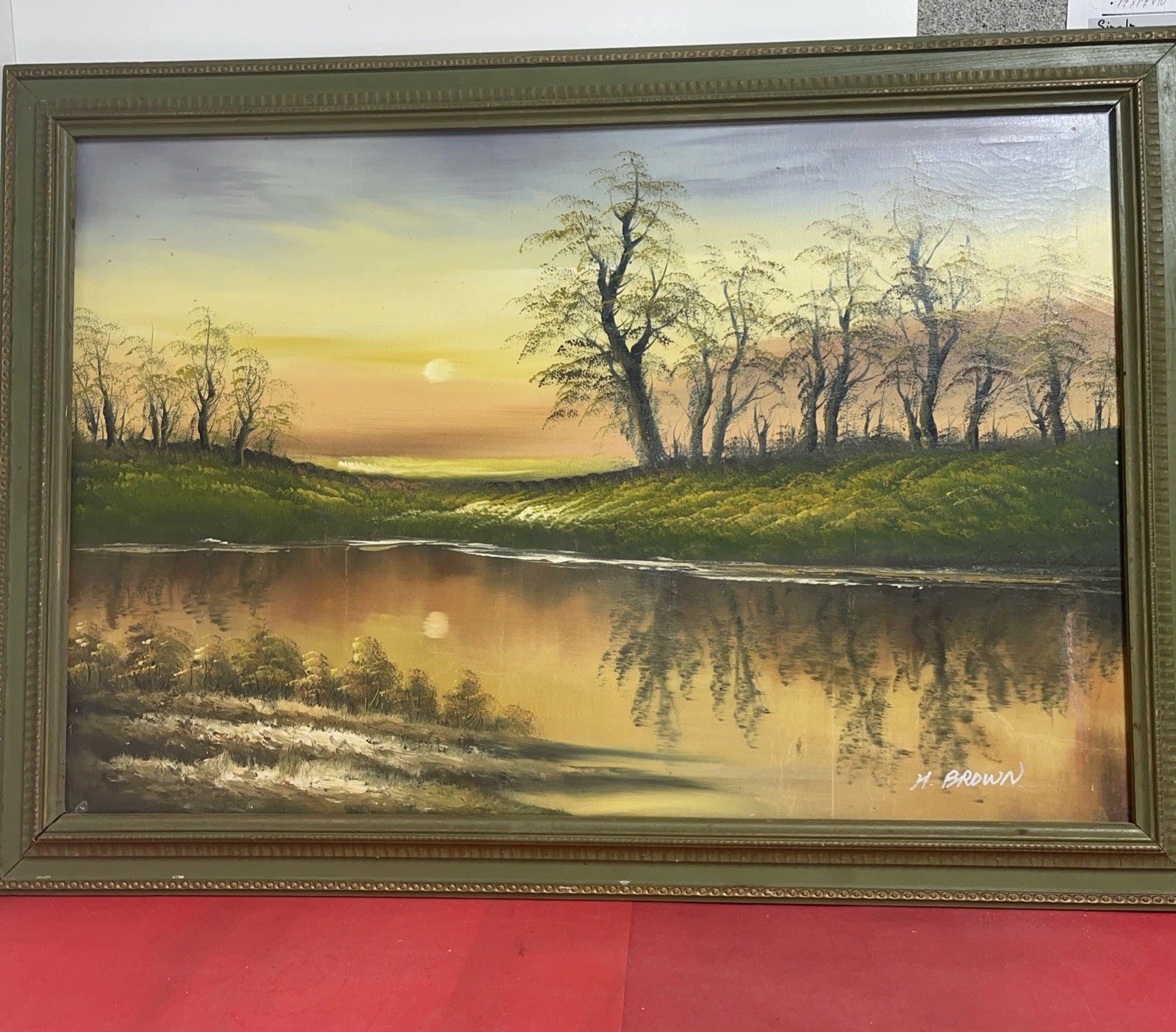 Vintage H. Brown Oil On Canvas Landscape Painting ART WORK Wood Frame 25”x36”