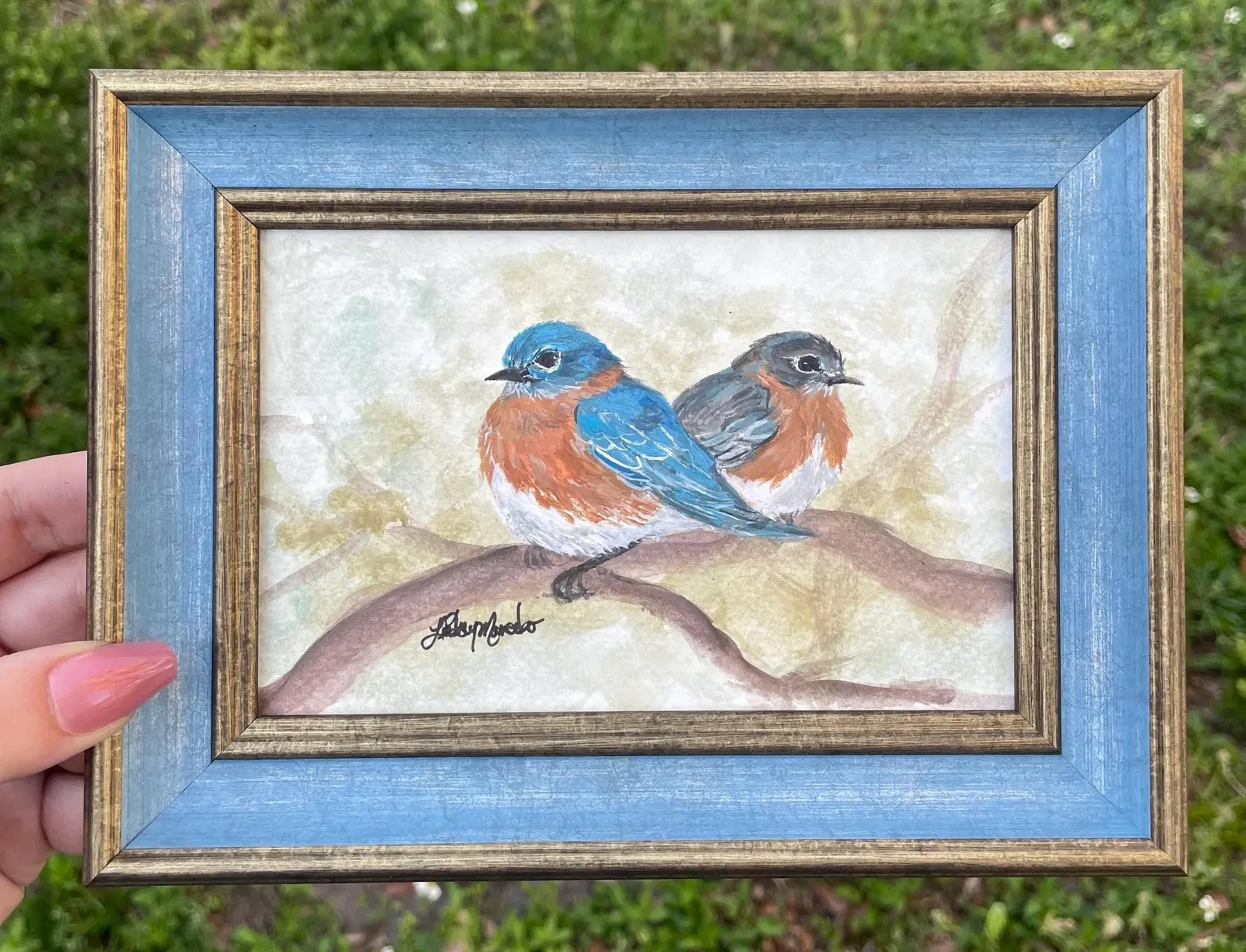 Eastern Bluebird Pair Original Painting, Framed Bird Watercolor Art Wall Decor