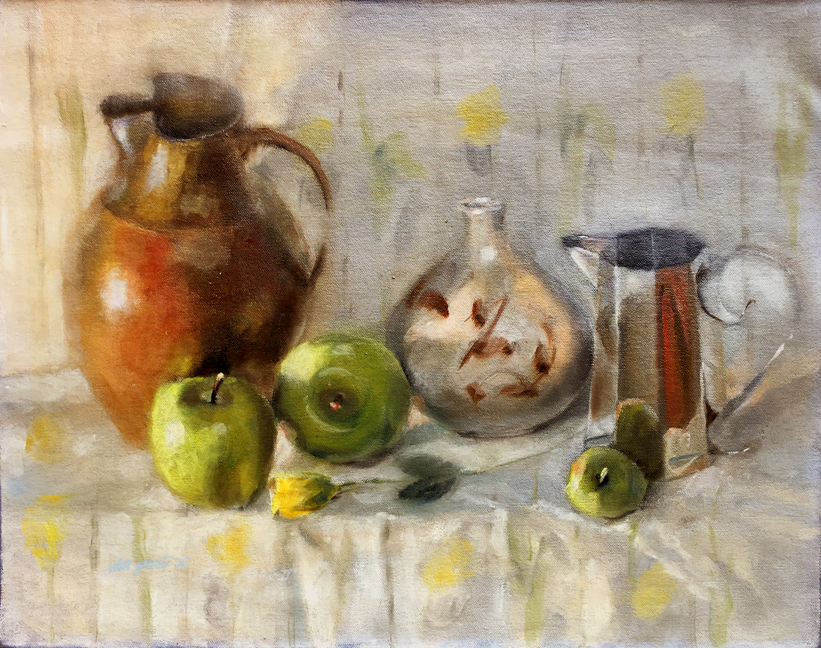 Apples with Sterling Silver and Ceramic 16×20 in. Oil on canvas by HALL GROAT II