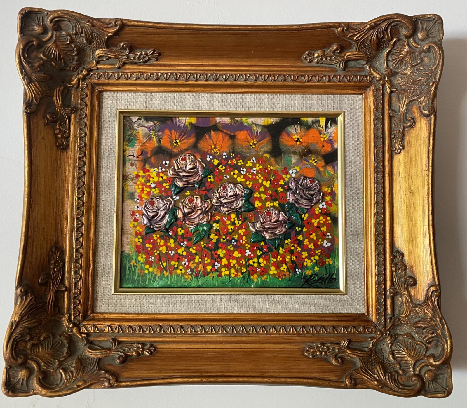 Original Painting / Multimedia Art in Ornate Gold Frame – Roses