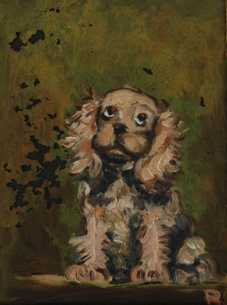 Adorable Miniature Acrylic Painting on Glass of a Cocker Spaniel Monogrammed