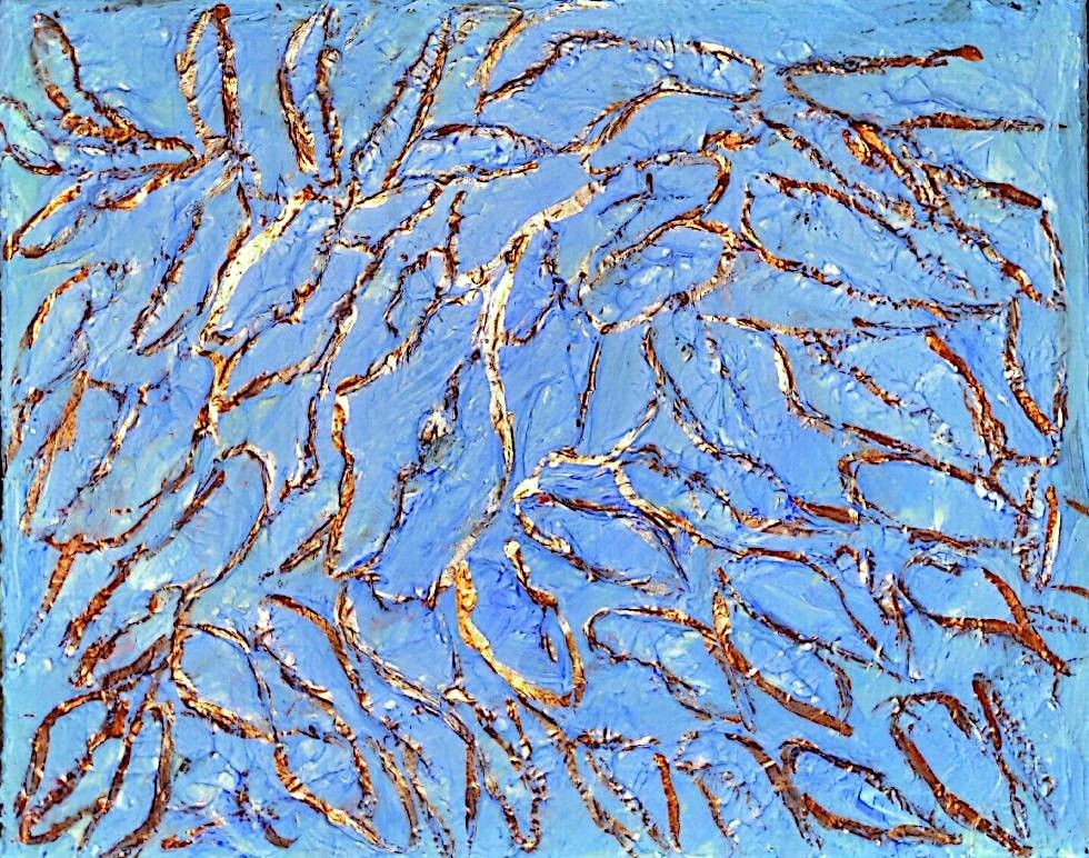 Blue Textured Abstract with Metallic Copper Accents – Original 14×11