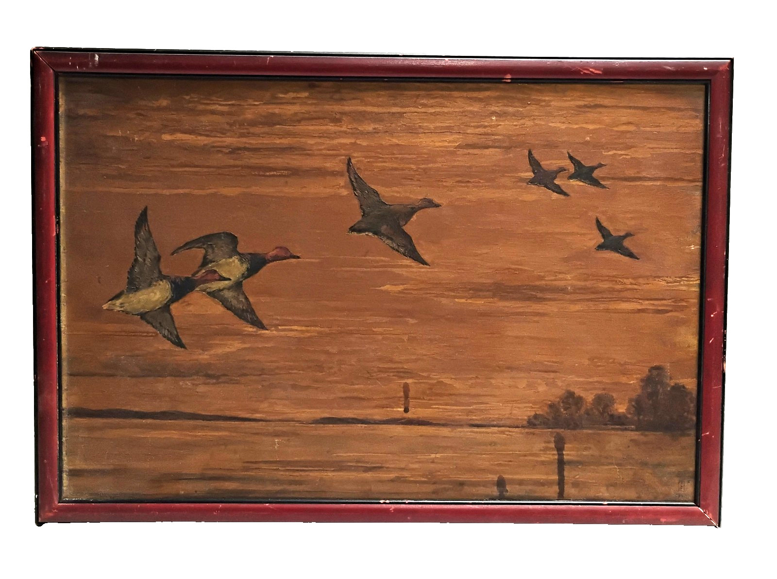 Vintage Primitive American Duck Painting Oil on Board Framed