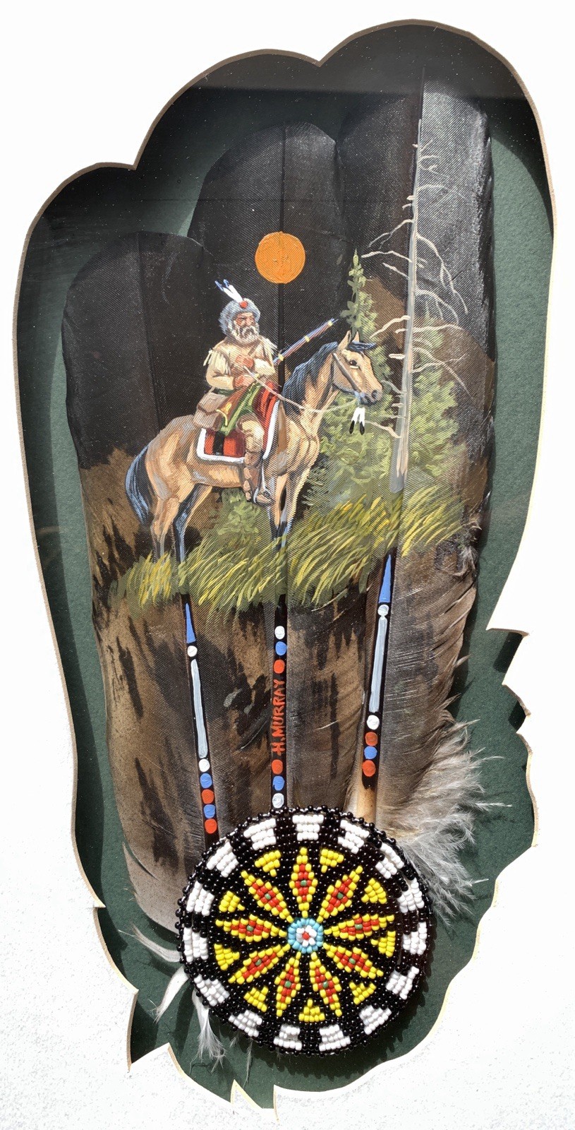 Native American Themed Painting on 3 Feathers Signed by Artist H. Murray Framed