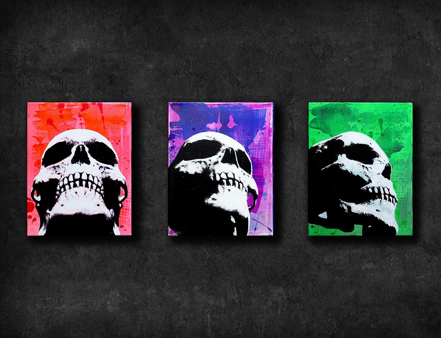 Original Skull Painting – POP ART – With UV Blacklight Bulb – 11×14 (set of 3)