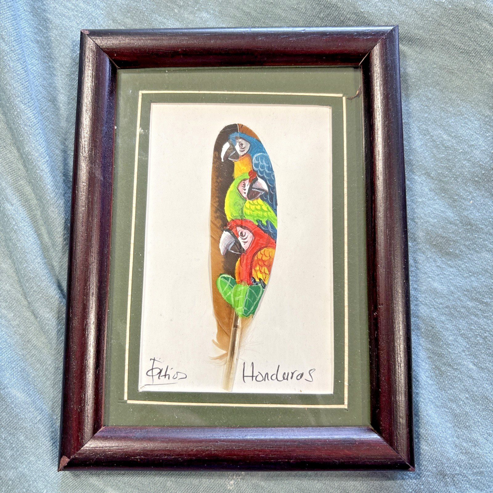 Framed Feather Hand Painting Parrots Signed Honduras Bright Colorful