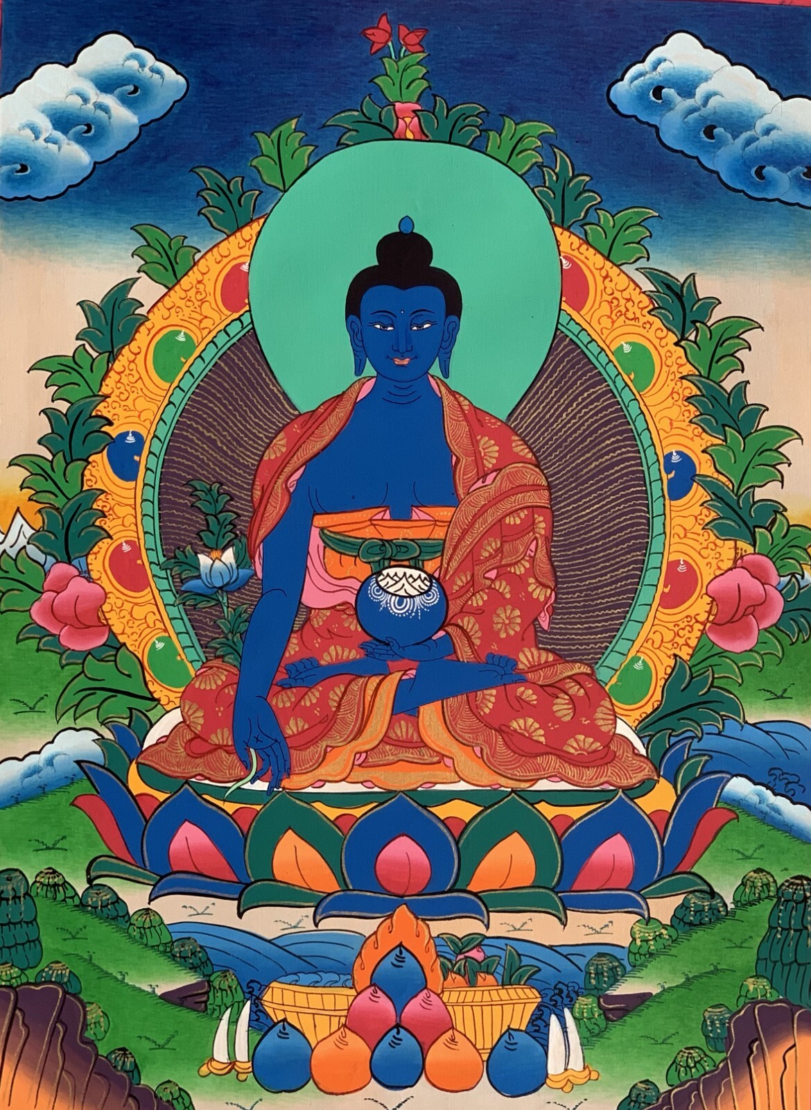ORIGINAL HAND-PAINTED MEDICINE BUDDHA/ BHAISAJYAGURU TIBETAN THANGKA PAINTING