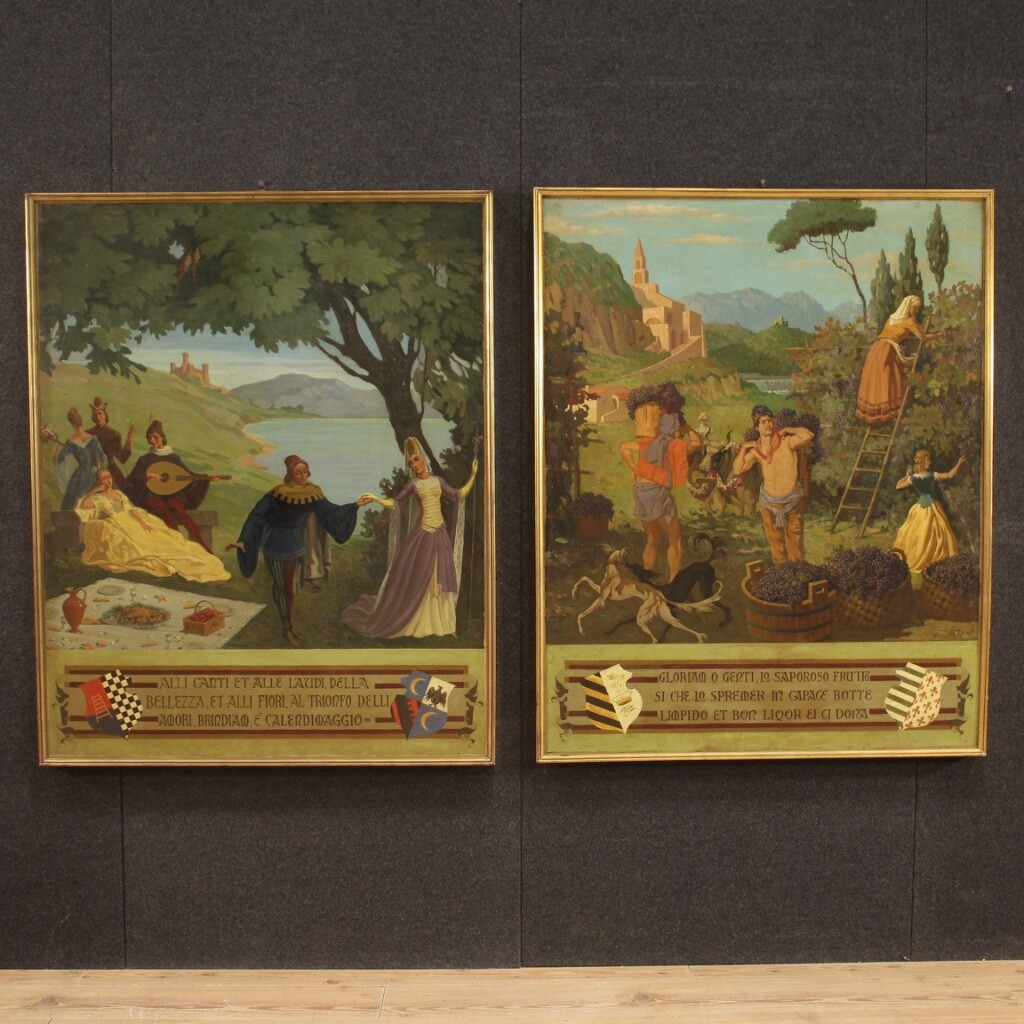 Dated painting framework landscape oil on masonite characters antique style 900