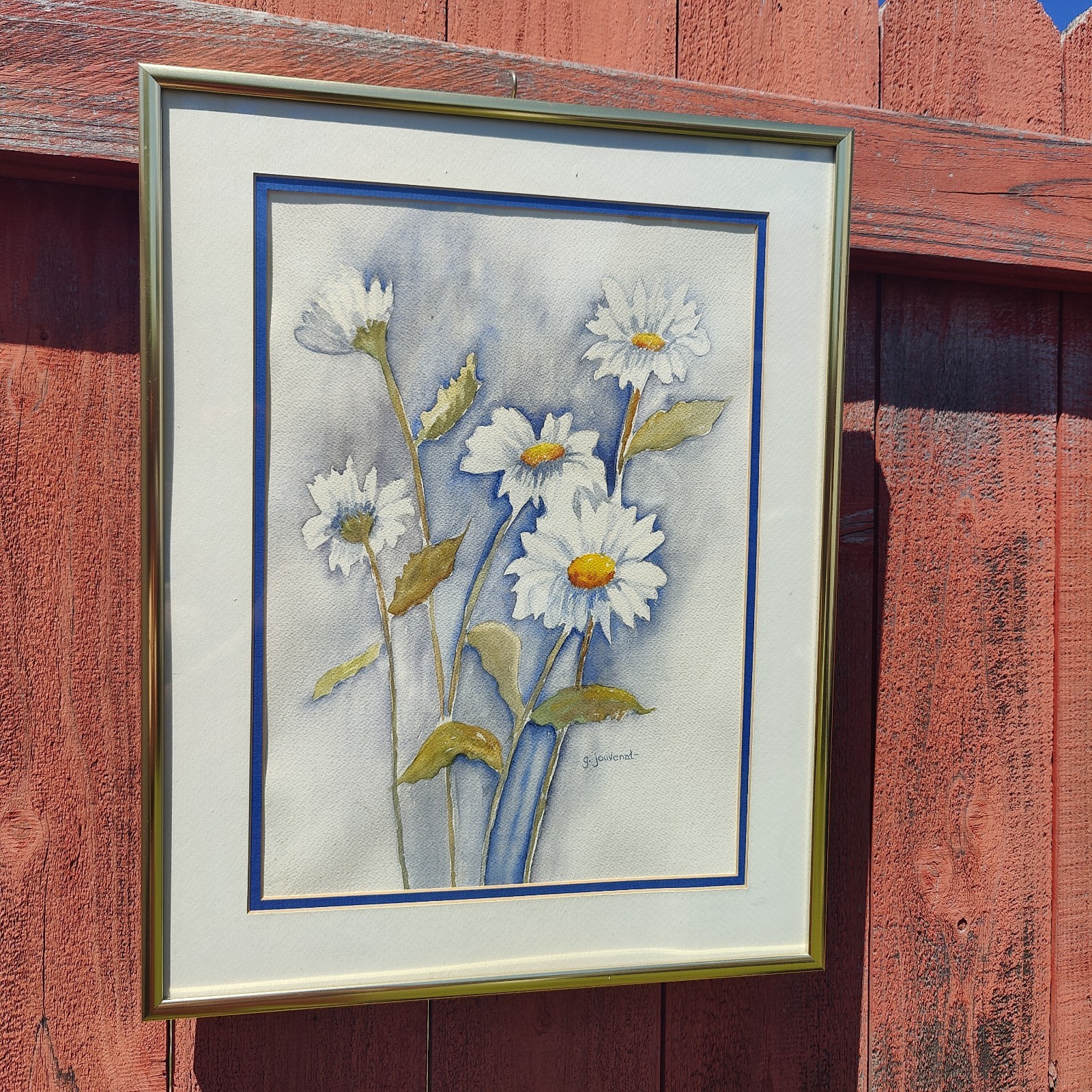 Signed Watercolor Painting of Daisies Flowers Blue White Yellow G. Jouvenat
