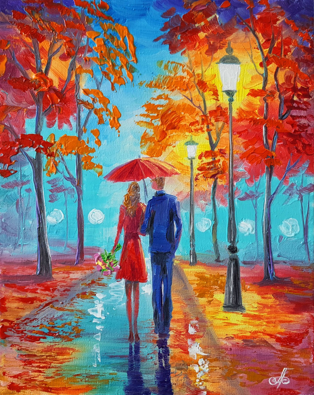 Original Small Oil Painting Canvas Autumn Rain Art Red Umbrella Couple Romance