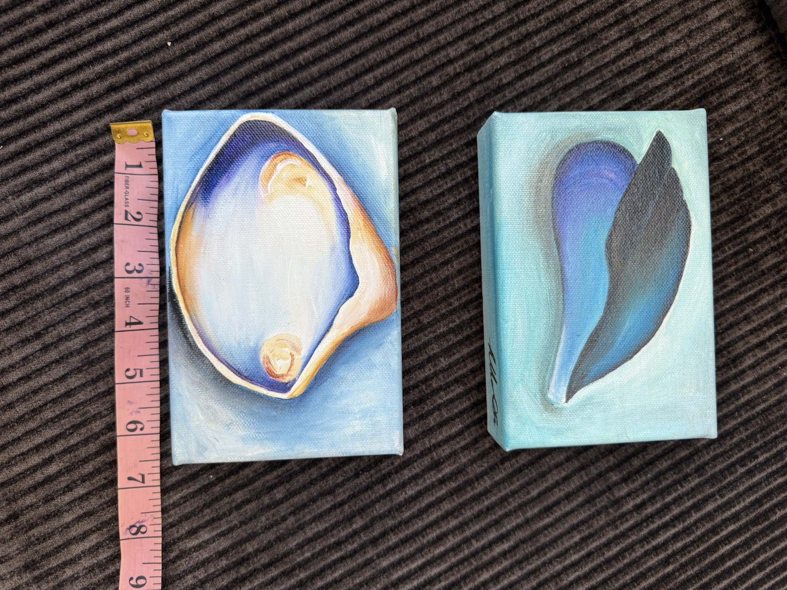 Original Acrylic Shell Paintings Set Contemporary Miniature Canvas Signed