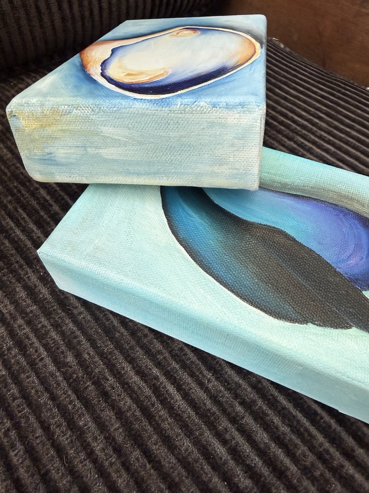Original Acrylic Shell Paintings Set Contemporary Miniature Canvas Signed