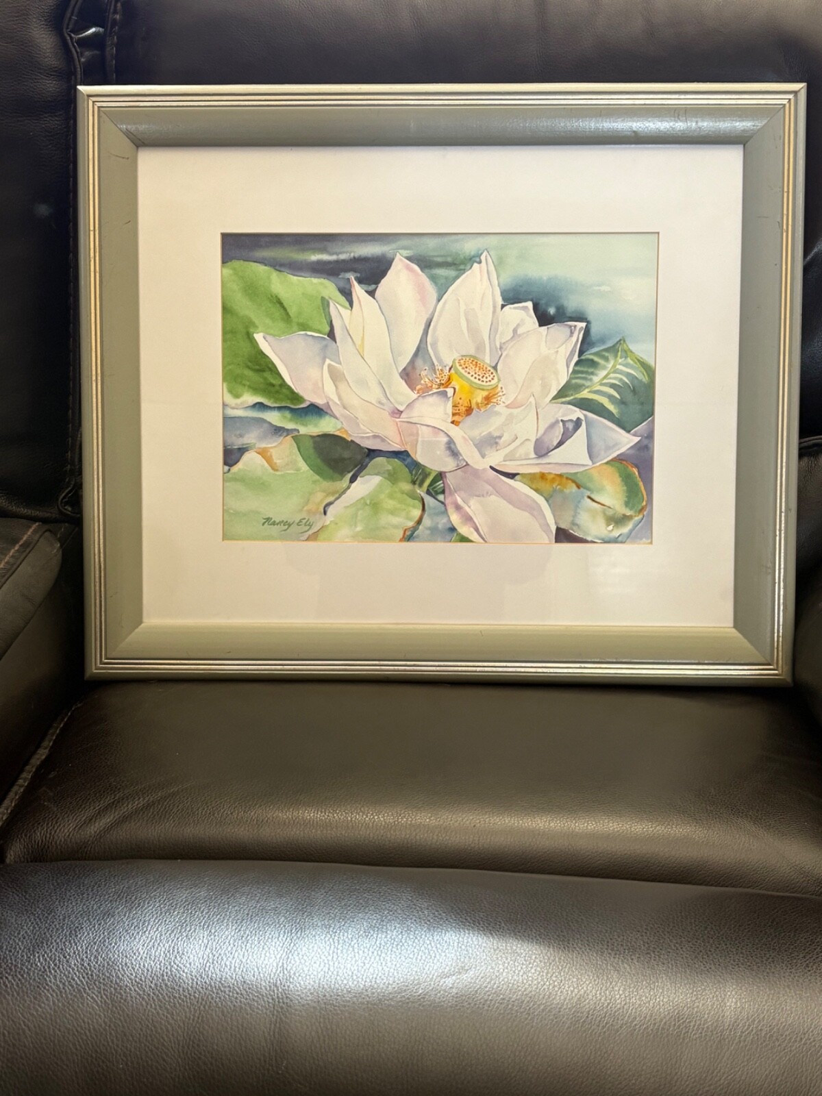 ORIGINAL NANCY ELY WATER LILLY SIGNED WATERCOLOR FRAMED AND MATTED 23” X 19”