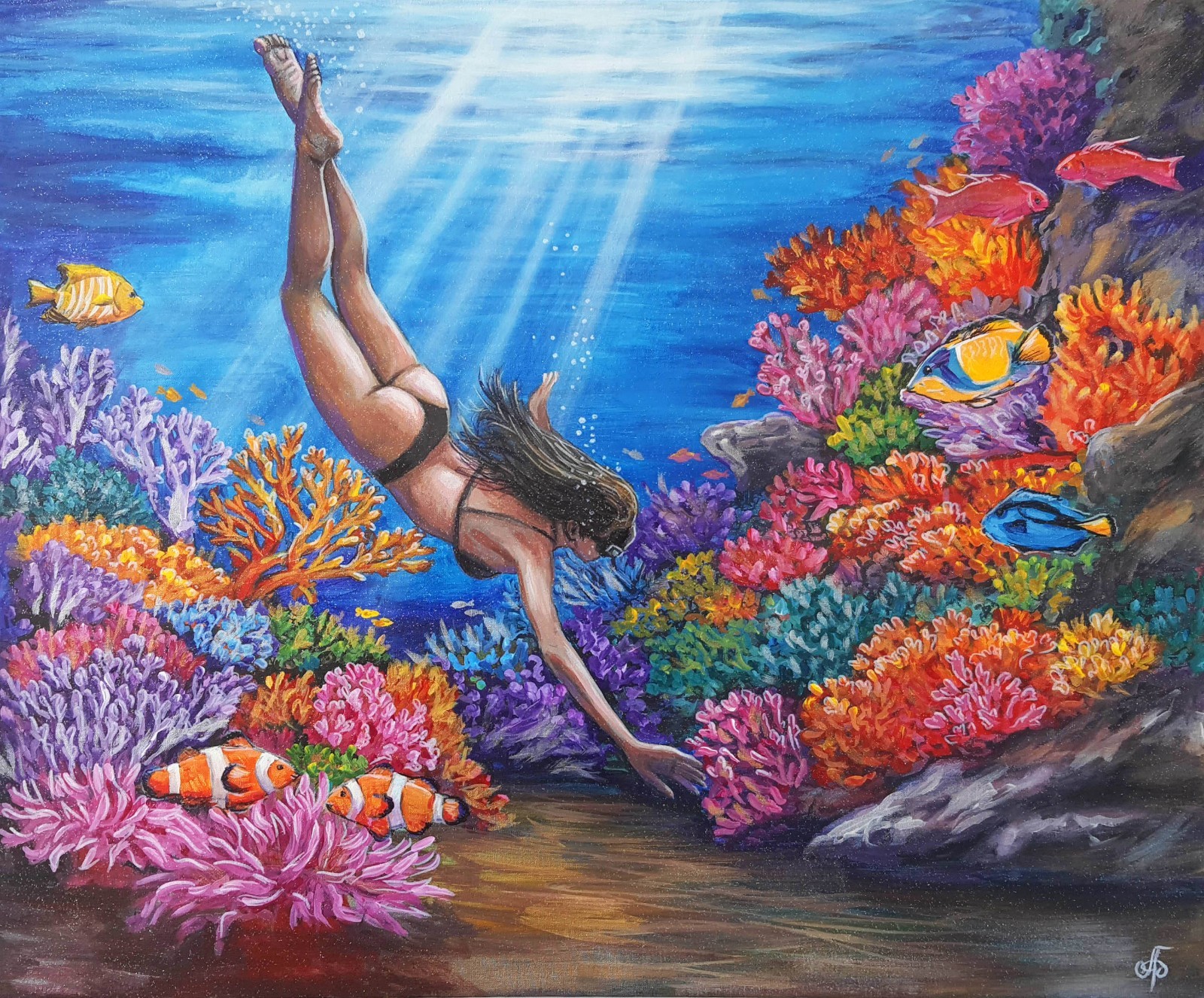 Original Acrylic Painting Underwater Coral Reef Tropical Fish Ocean Canvas Art