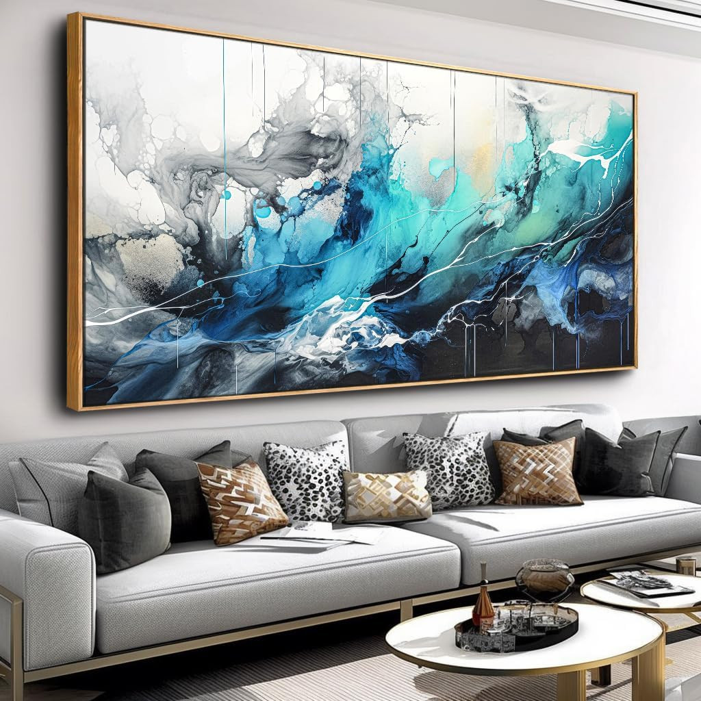 Teal Blue Abstract Canvas Wall Art Framed 30″x60″ for Home Decor