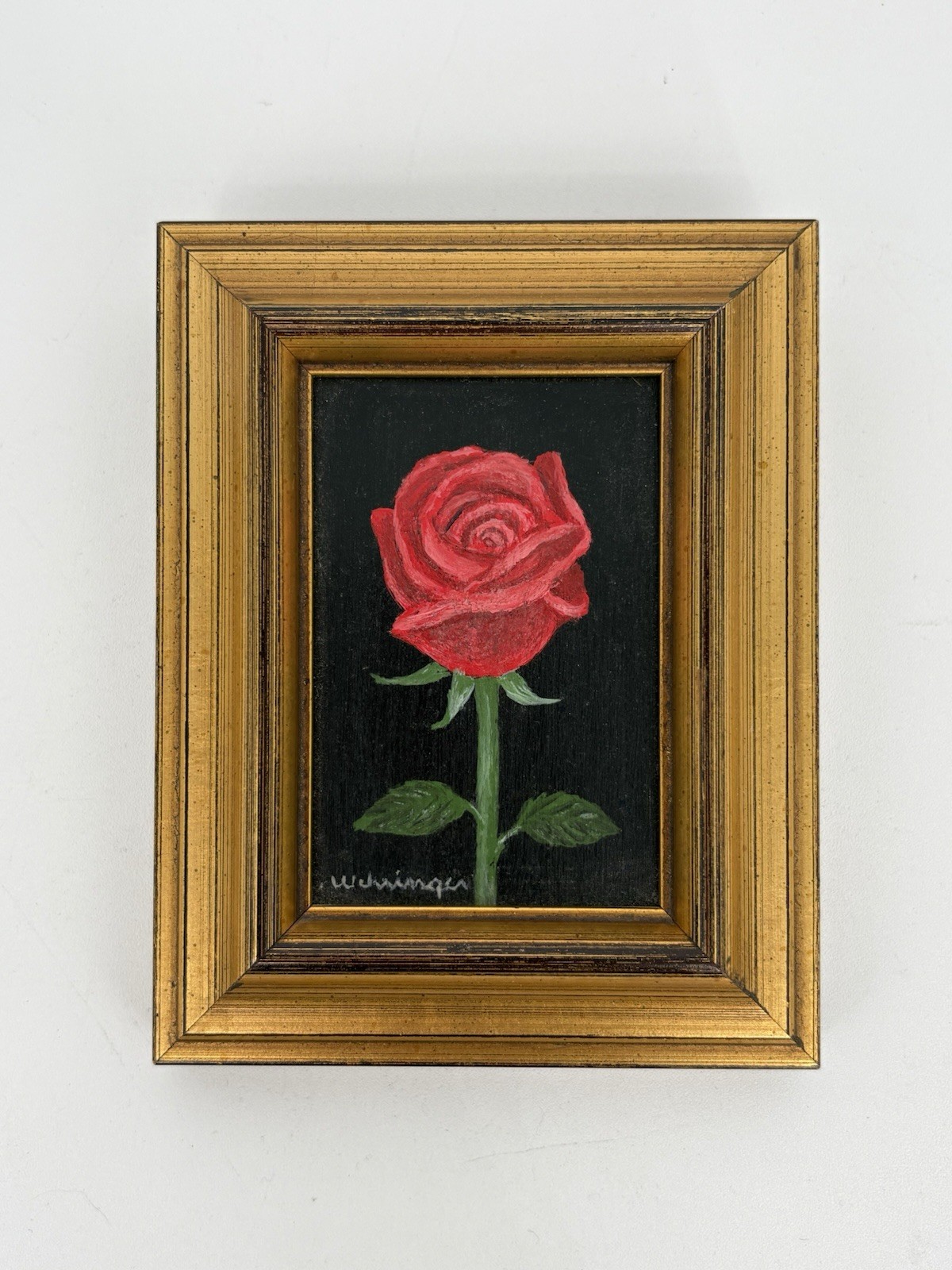 Charles Wehringer Miniature Oil Painting – Red Rose, Americana 20th Century