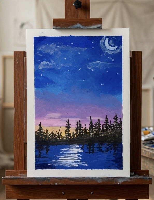 ACEO Art Card Night Sky And Moon Over Water Landscape Original Acrylic Painting