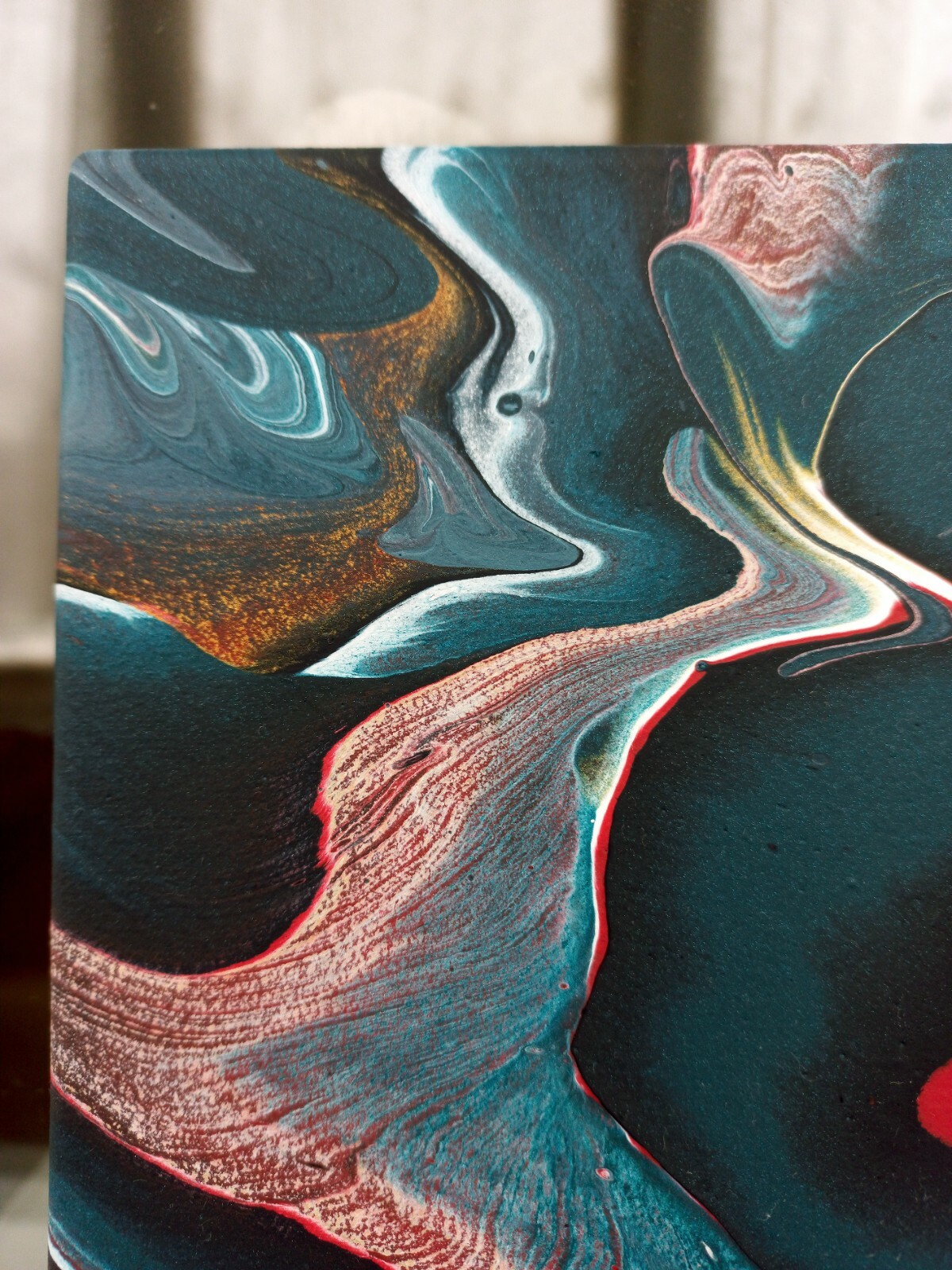 Original Abstract Painting Red Center Dark Blue Flowing Layers Artwork, 12×24