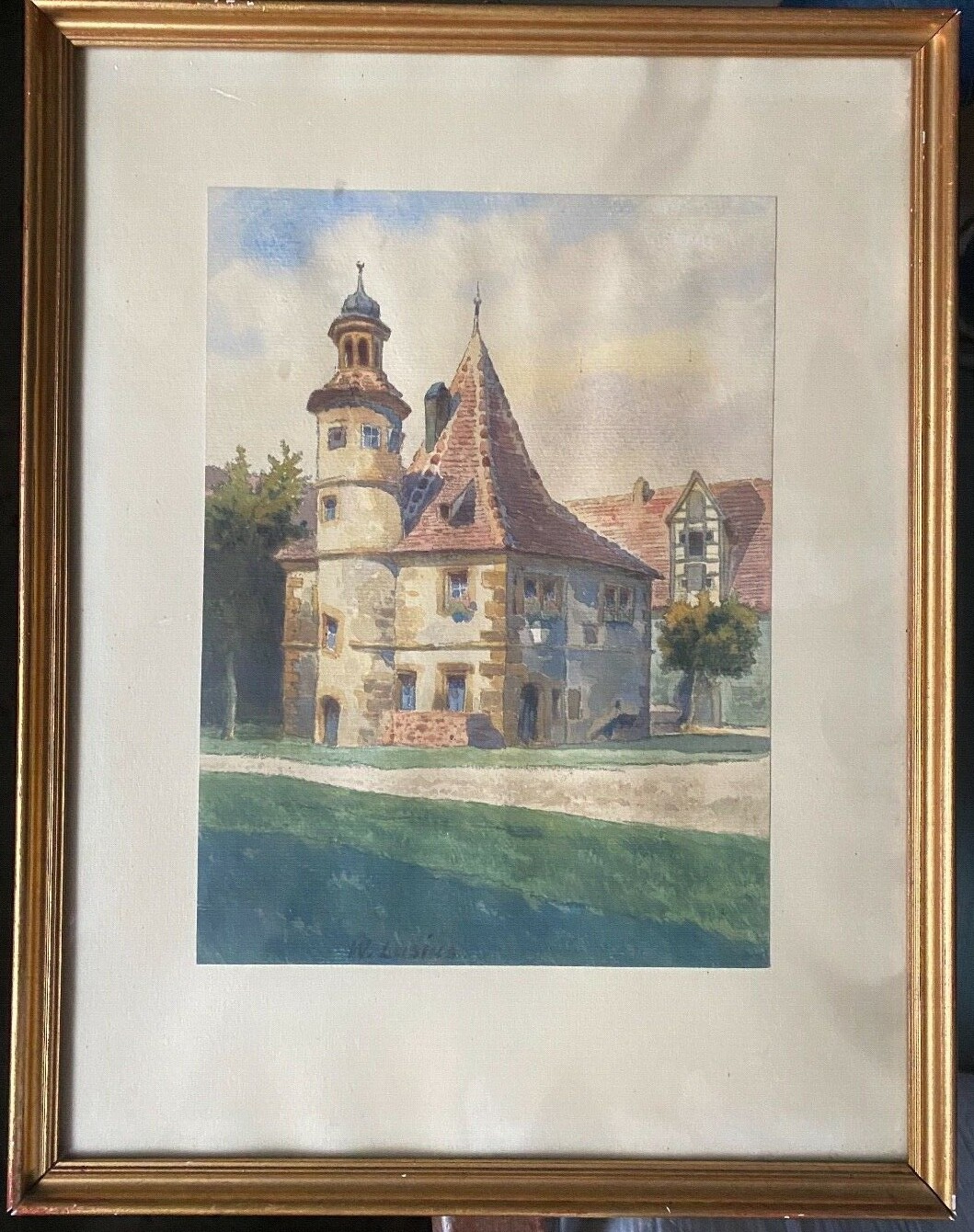 Watercolor Castle Renaissance Town Hall Rothenburg o. Tauber Frame Antique