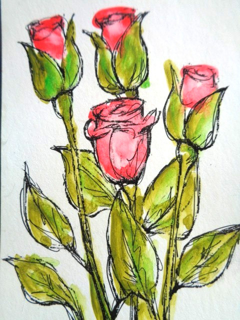 ACEO Original LONG RED STEM ROSES FLOWERS FLORAL Painting ART