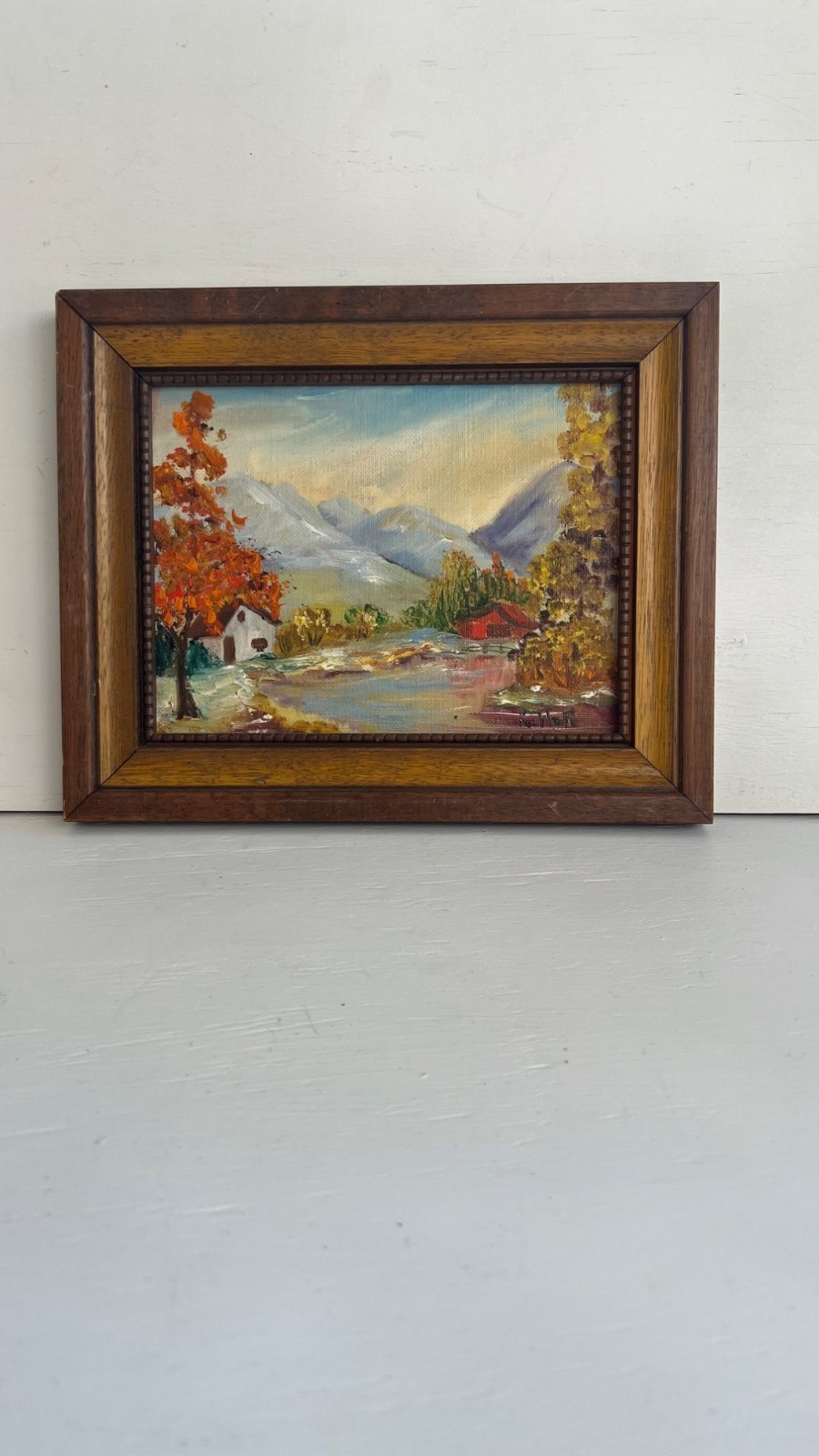 Vintage Landscape Painting In Wood Frame 8.5×6.5 Inches Autumn Mountain Scene