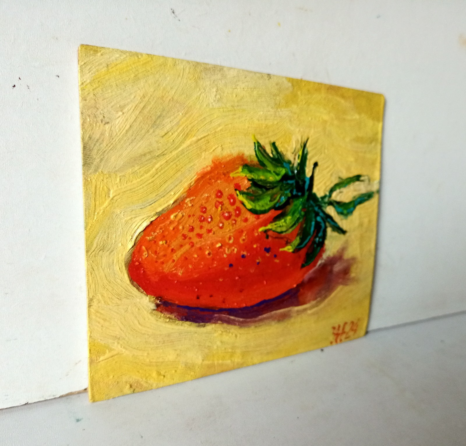 Strawberry, Painting Original Art Impression Oil Painting 4.7 x 5.5 in