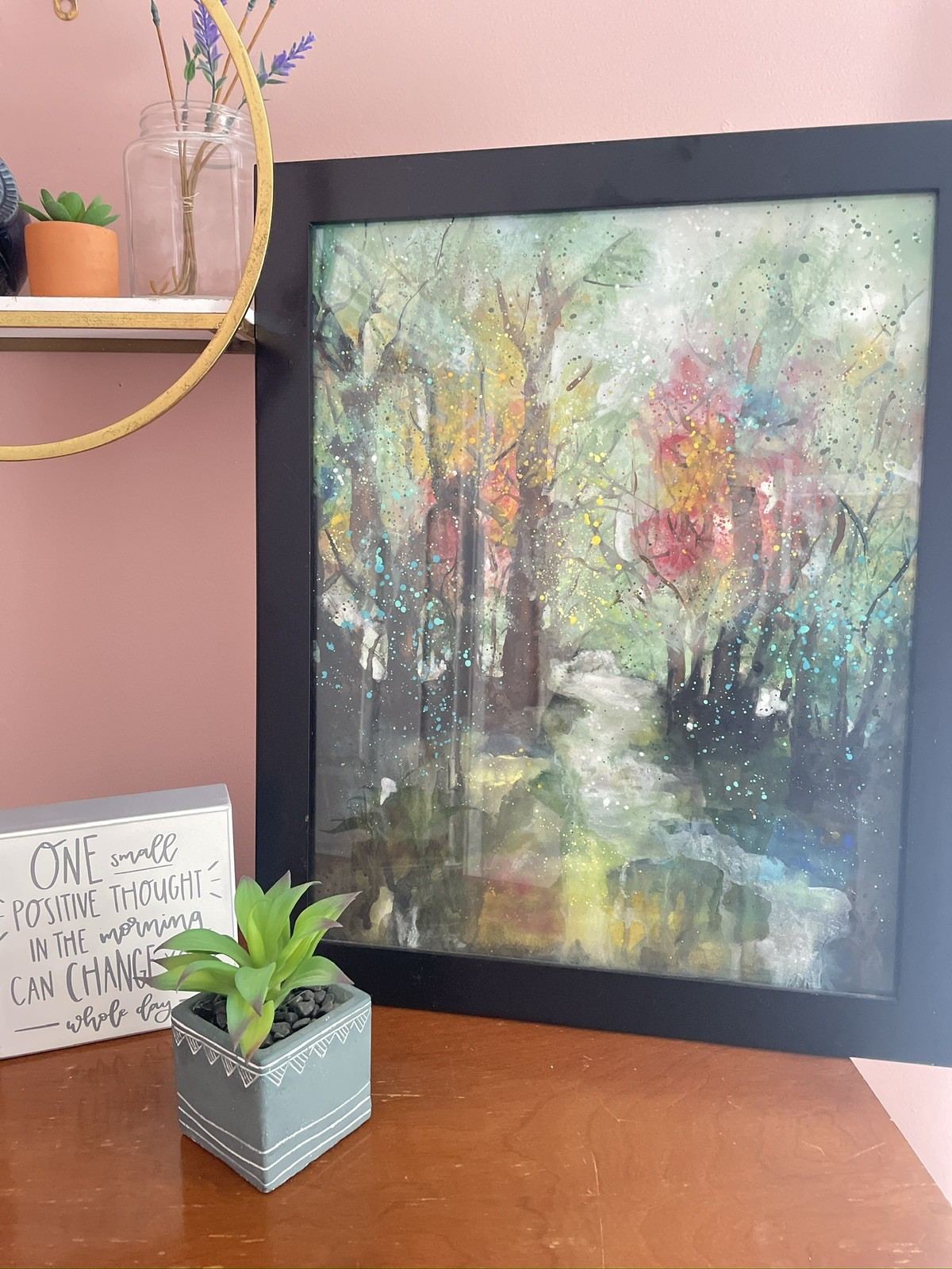Original Abstract Watercolor Forest Unframed 18×24 green, red, black, orange