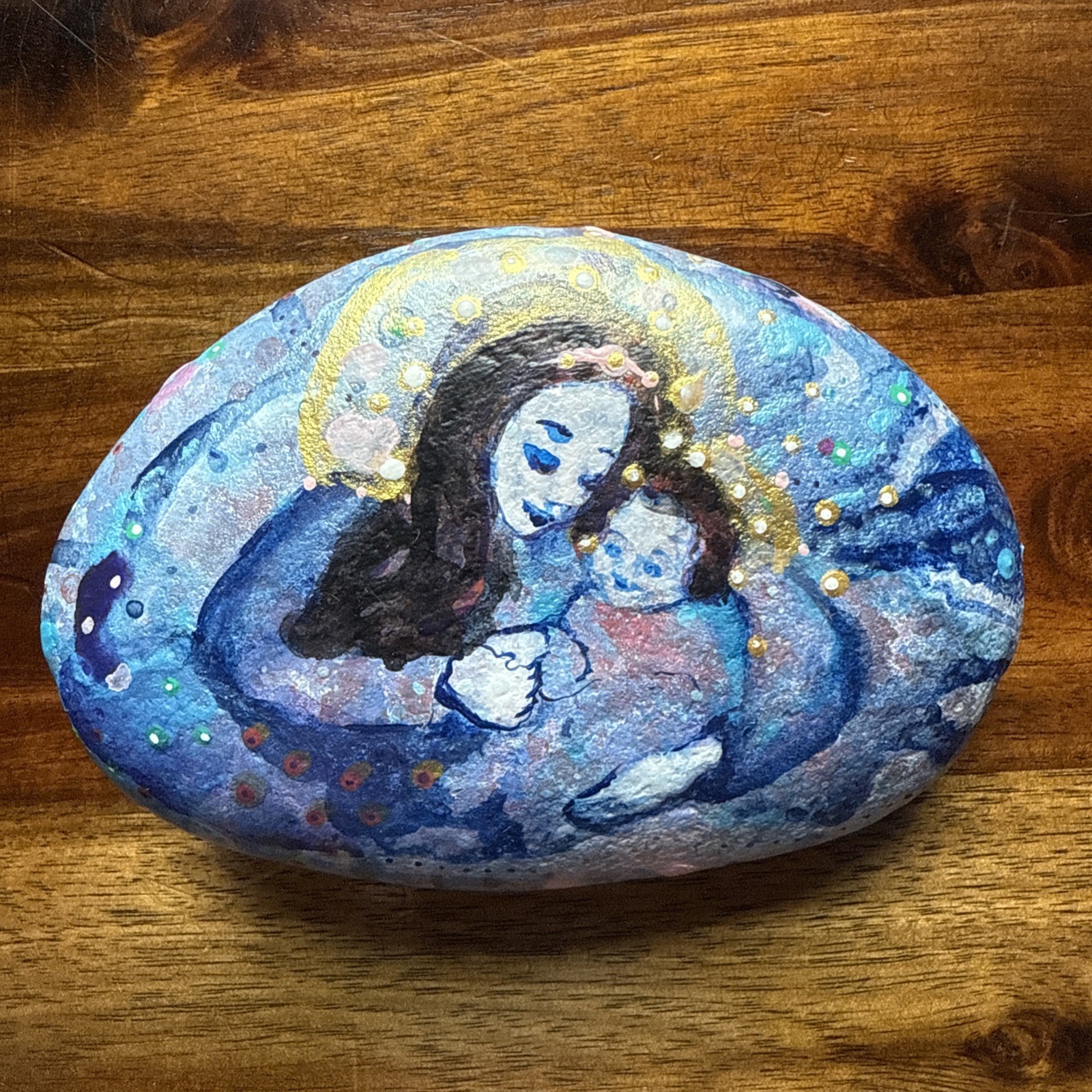 Hand-Painted Mother and Child Art Stone Decor