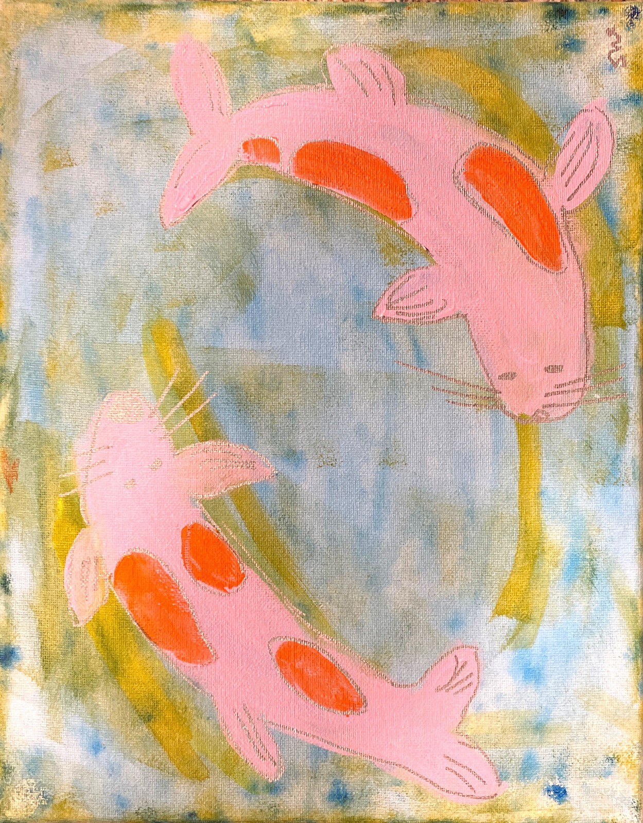 Soft Pink Koi Circle Swim 11 X 14″ Impressionist Acrylic Handmade Art Canvas