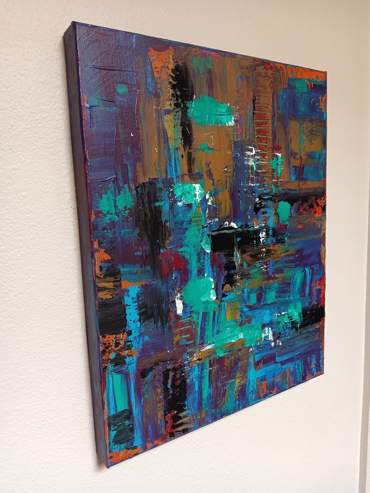 Small abstract original black turquoise blue pink red ochre «Wonder»