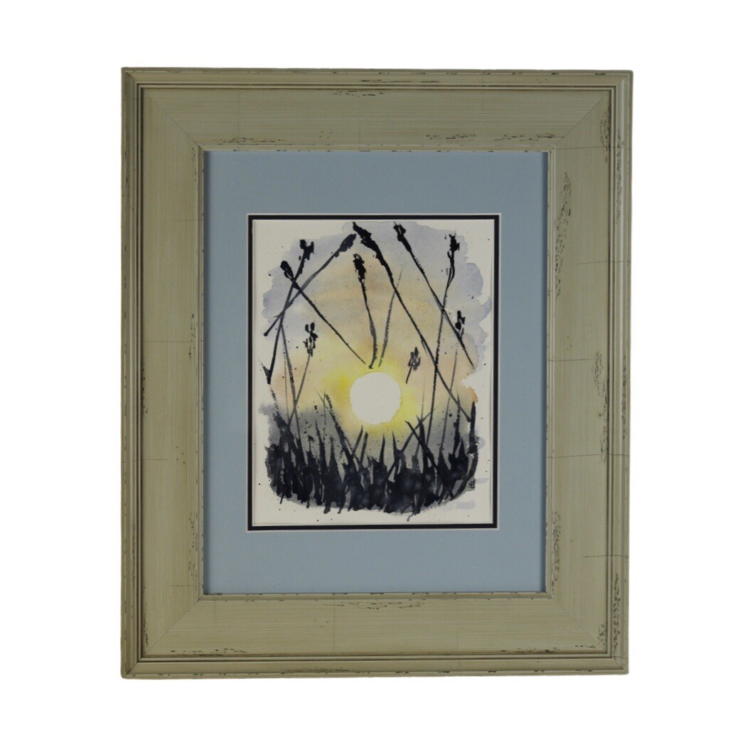 Original Watercolor Painting Ocean Beach Grass Reed Sunset Framed Signed 11×14″