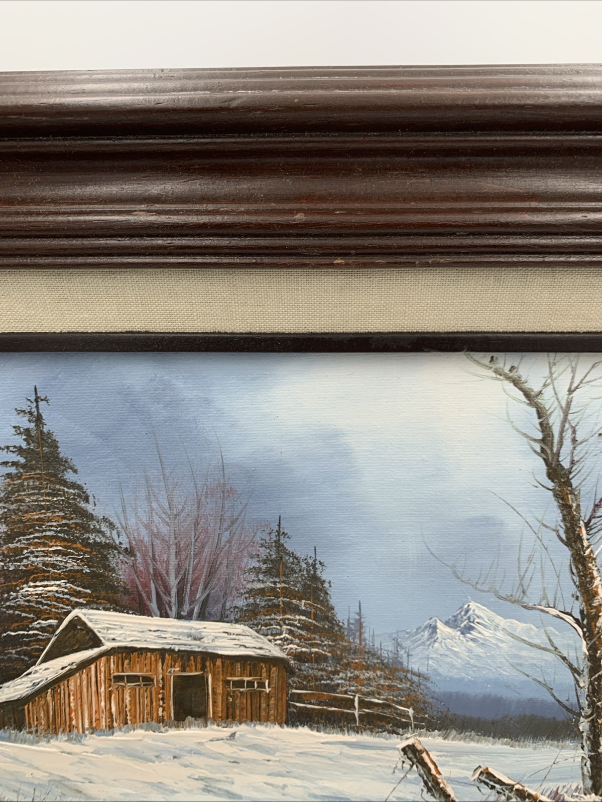 Framed Oil Painting~Snow Pines Mountain Cabin Scene~ 15”X 14”~ Signed J. AvLaire