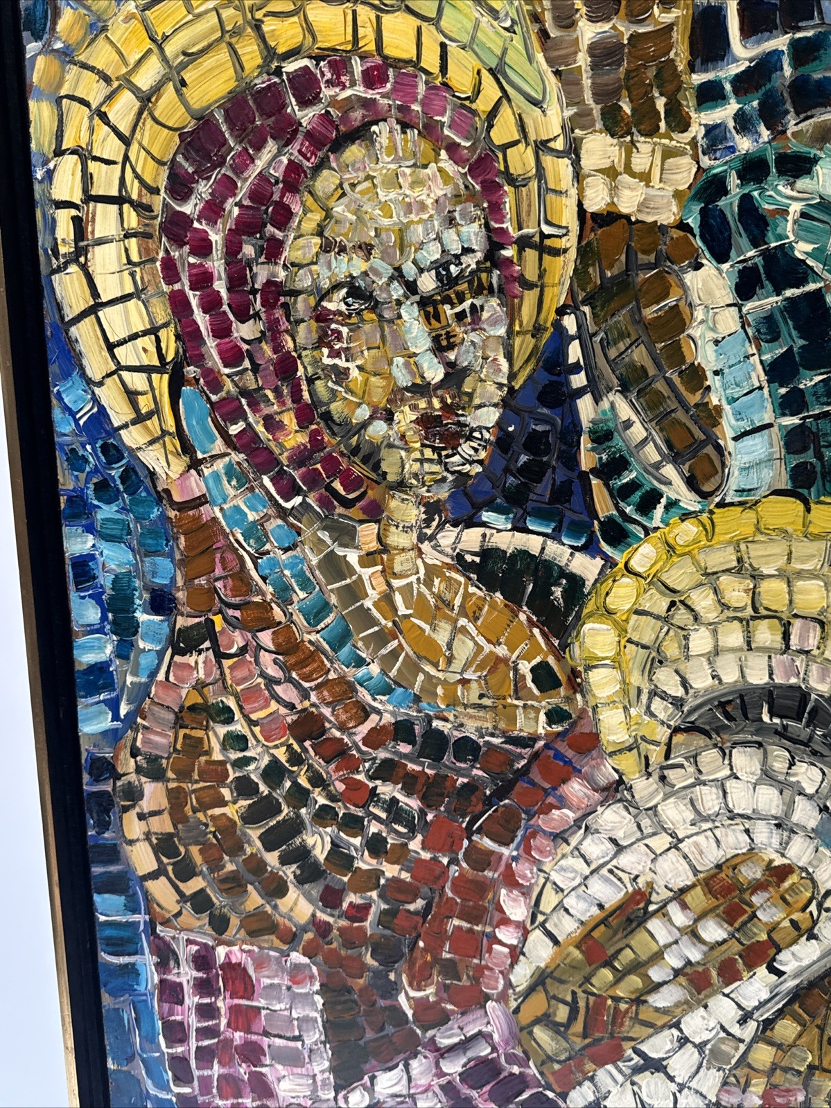 LARGE MID CENTURY PAINTING ICONIC PORTRAIT POINTILLISM MOSAIC STYLE ICON VINTAGE