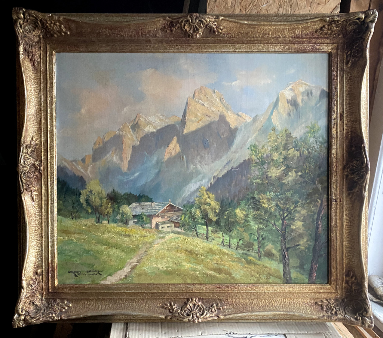 ERICH SPÖRL MUNICH OIL PAINTING ALPS SIGNED ANTIQUE PFANDLHOF AT WILDER KAISER