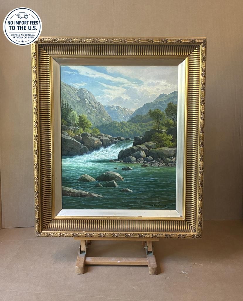 Svend Drews (1919) Norwegian Mountain Waterfall Landscape Oil .ca 1940s. COA