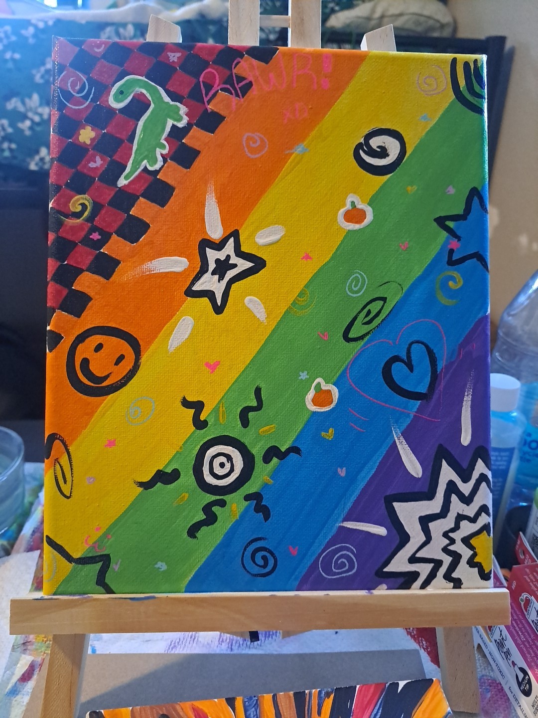 OOAK Original Rainbow Abstract Y2K Theme Acrylic Painting 8×10″ Signed Canvas