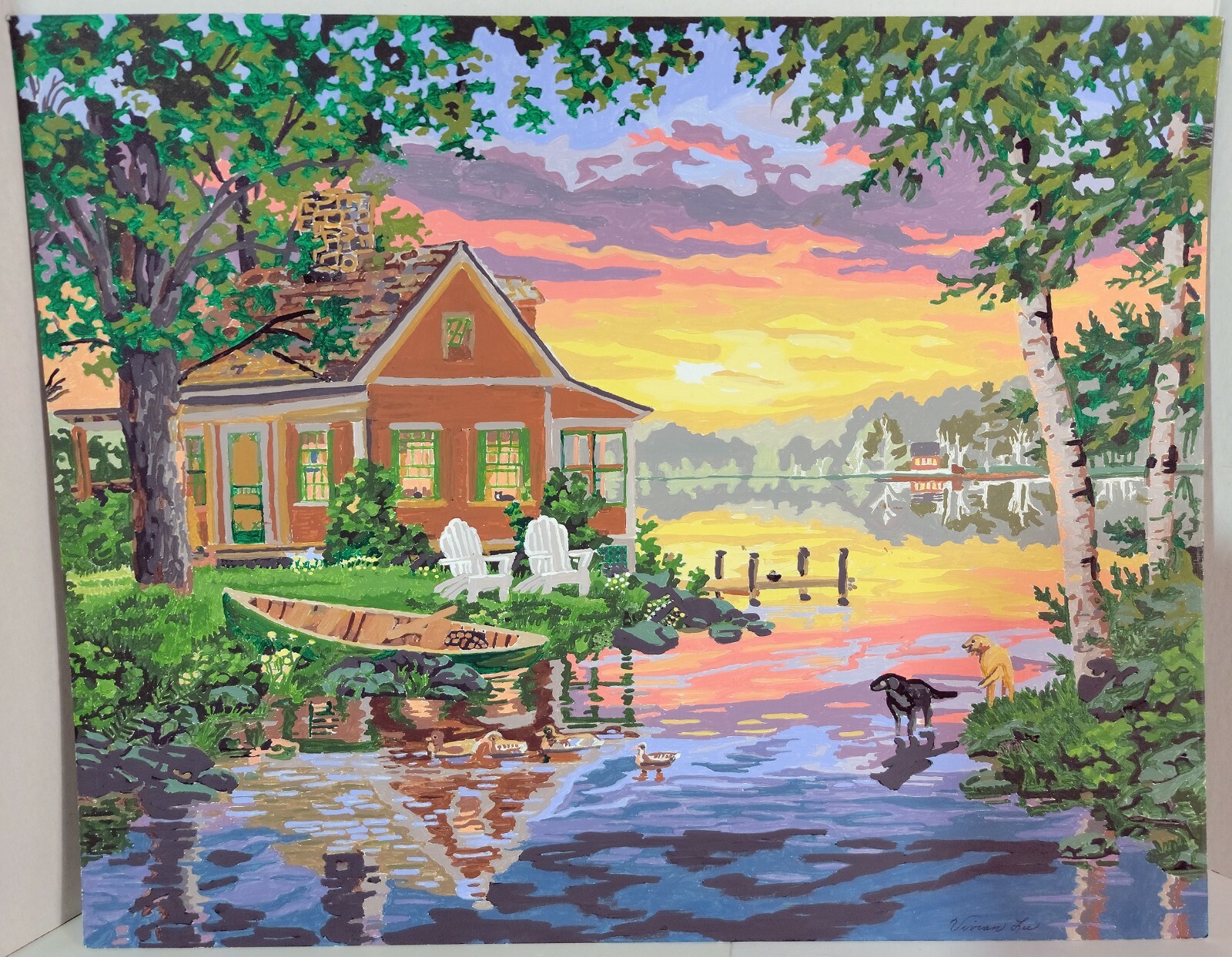 Vintage Signed Landscape Forest Cabin on Lake in Summer Painting 20″ x 16″ 2008