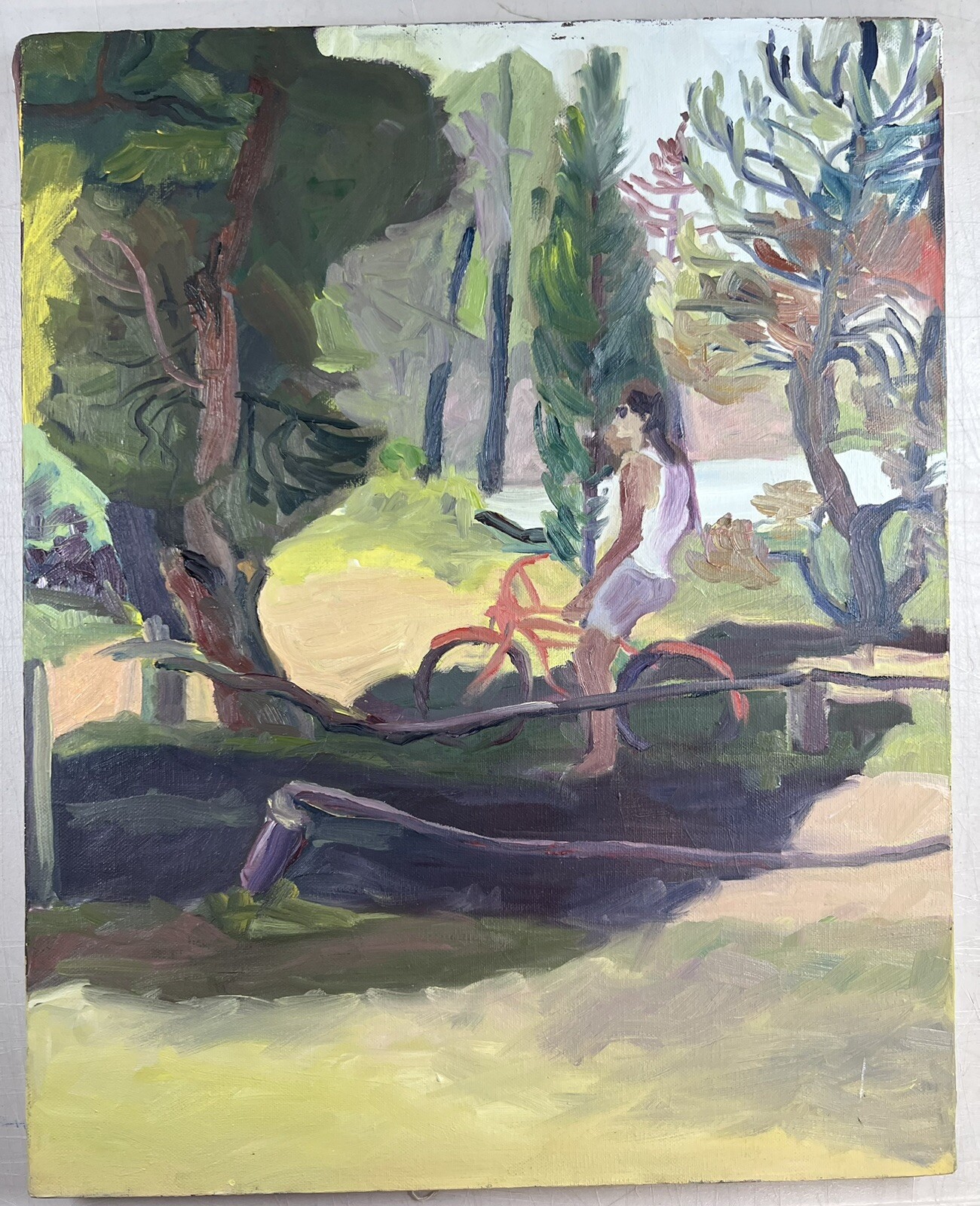 Oil On Canvas Painting Impressionist Man Riding Bike Halter Signed 20×16″