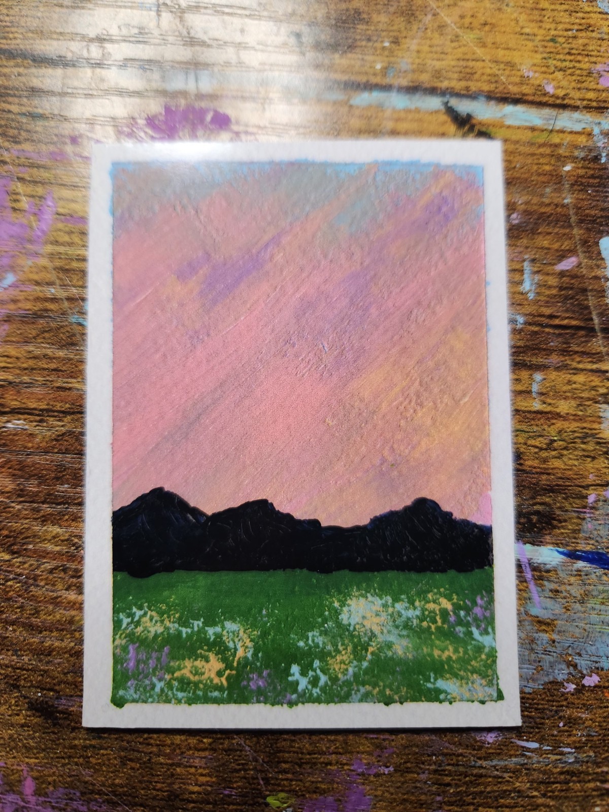 ACEO *Art Print Original Acrylic Painting Sunset Mountains 2.5×3.5