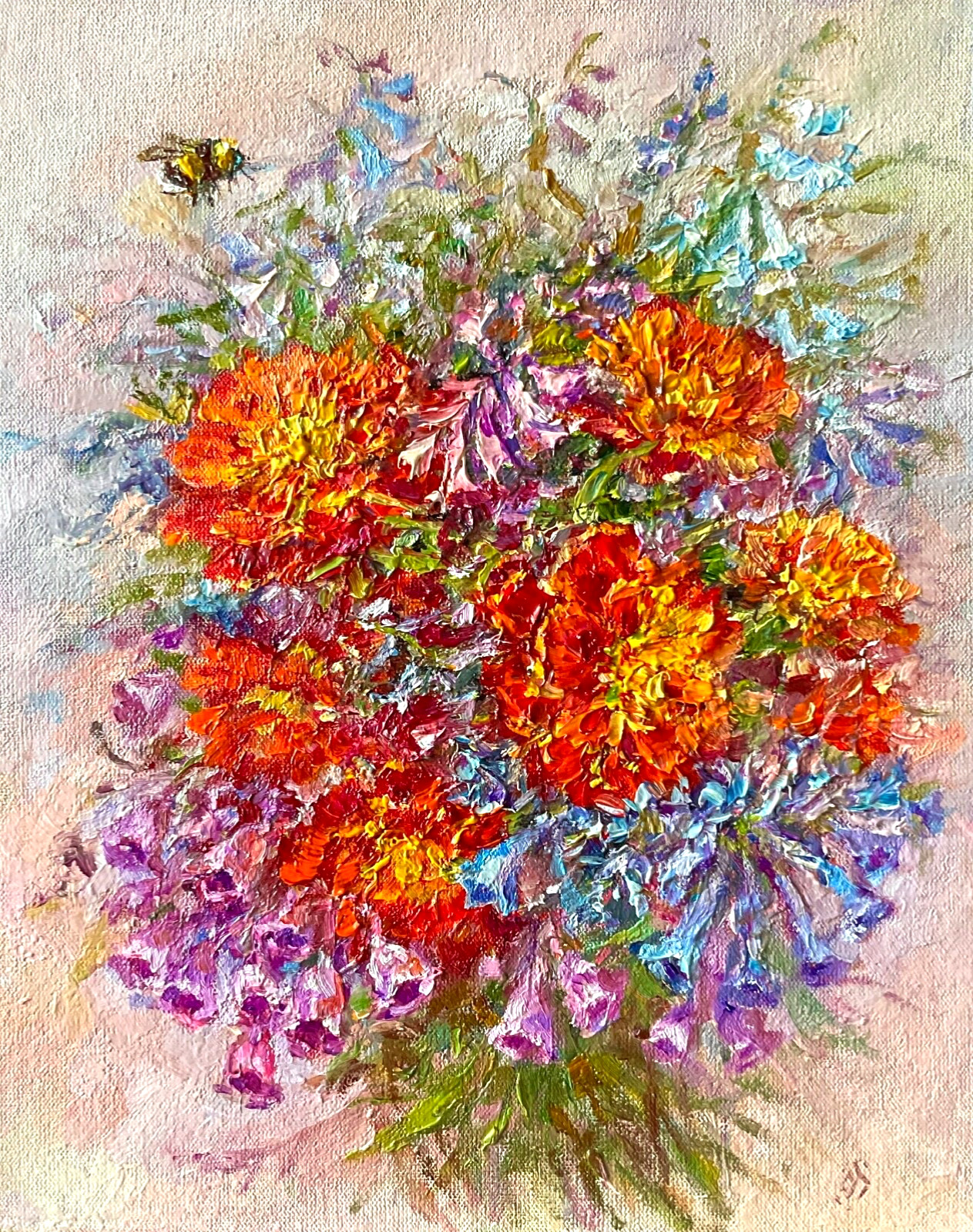 Original Oil Painting Marigolds Wildflowers Impasto Wall Art 10×7.8 in Signed