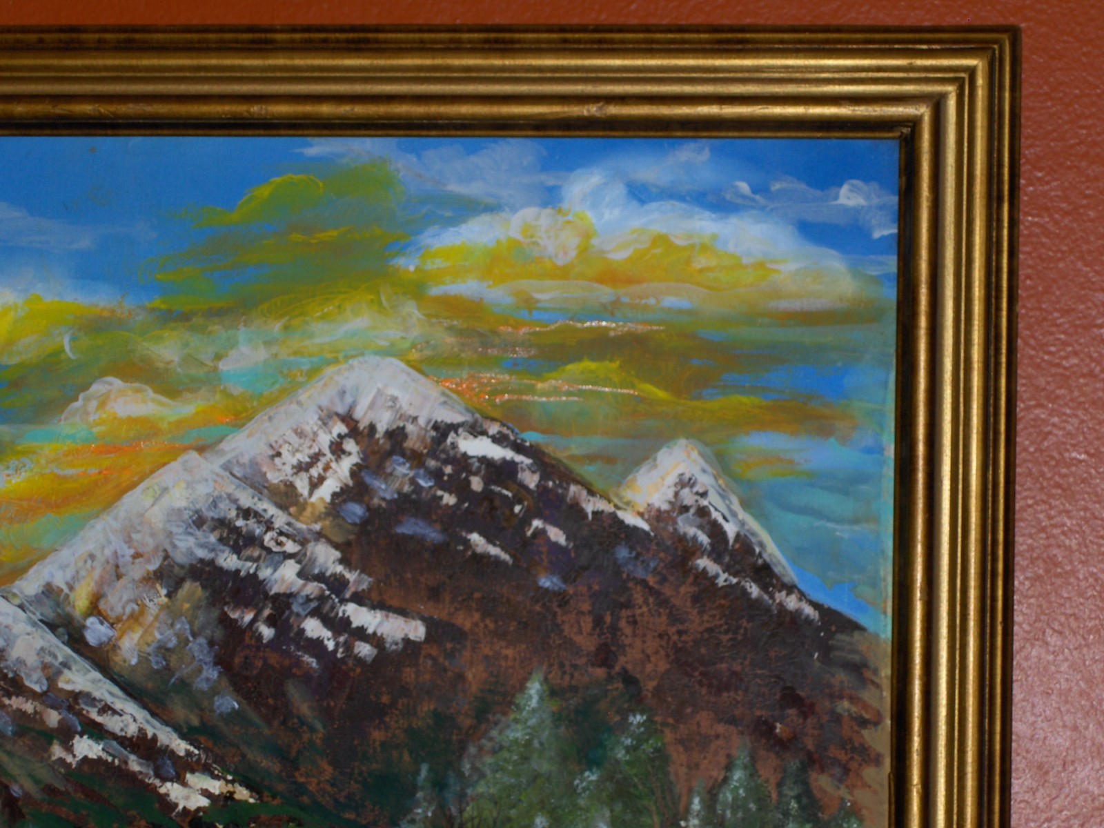 GORGEOUS ORIGINAL Mountain Snow Ice Landscape Green Tree Vintage Canvas Painting