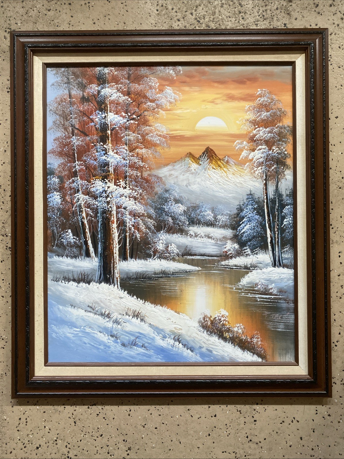 T Sack Oil Painting Winter Landscape Snowy Forest River Mountain Signed Framed