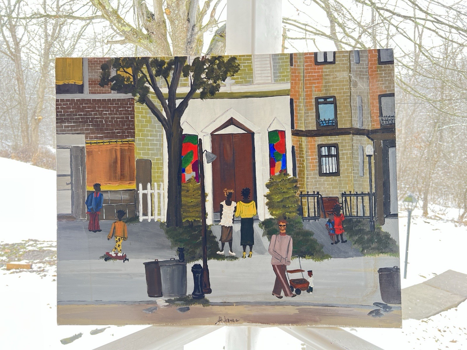 Vintage Folk Art Urban Street Scene Painting 30×18 Framed